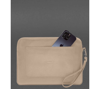 Кожаный чехол для ноутбука на молнии с карманом и петлей на руку 13'' BlankNote бежевый