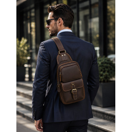 Кожаная мужская сумка-слинг Buffalo Bags коричневая M9219C – Фото 6
